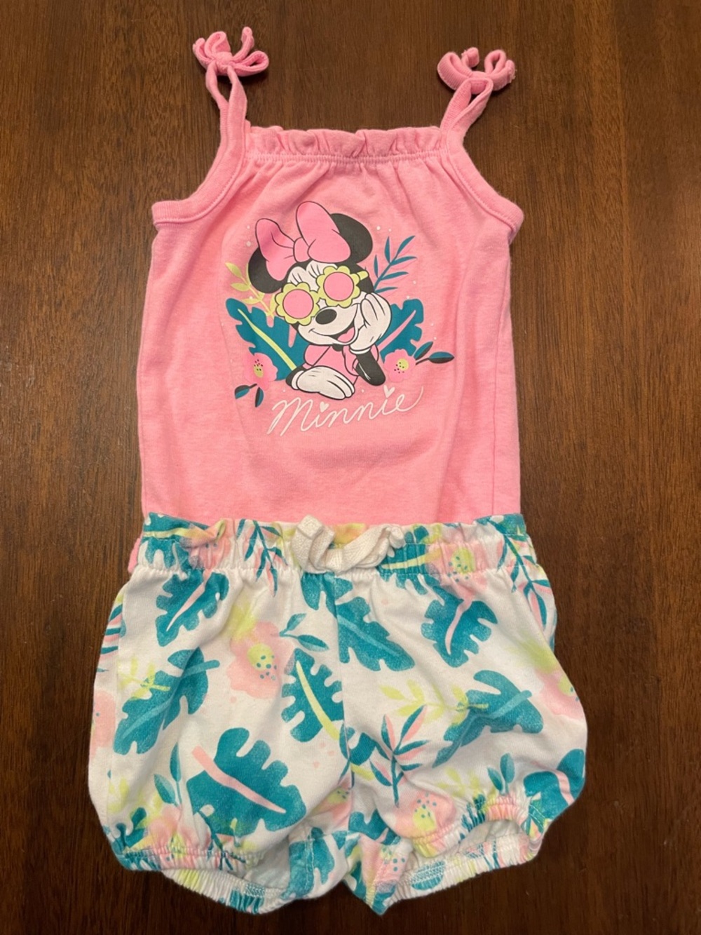 Disney Pink Minnie Mouse Sunglasses Tank Romper with Teal Tropical Shorts